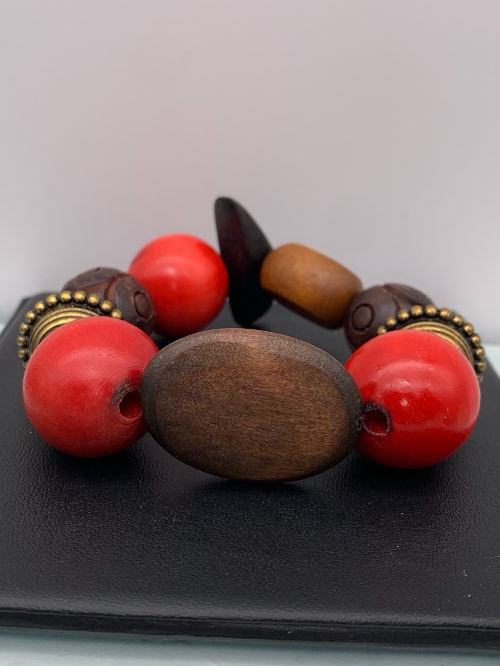 Chunky Wood / Wooden Handcrafted Red & Brown Beaded Stretch Bracelet boho